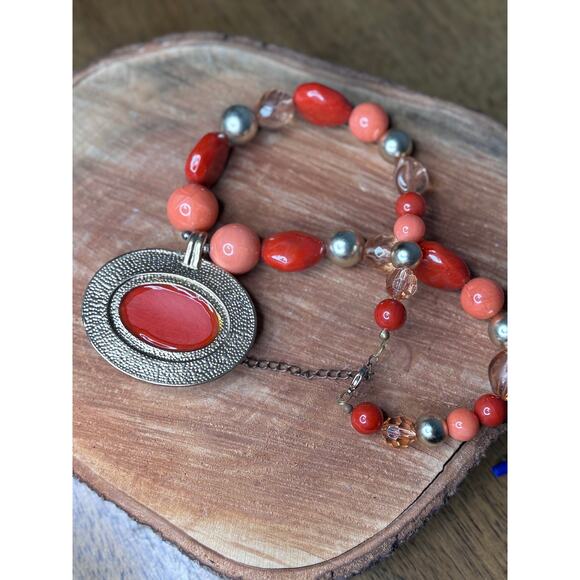 Coral Red, Orange, Peach, Plastic Pendant Gold toned on beaded necklace. - Picture 3 of 4